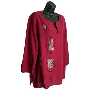 Vtg California Drawstrings Shirt Top Womens XXL Red Boho Lagenlook Boxy Artsy